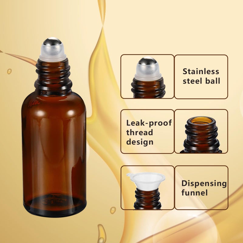 HEYLEAYAR 50ML Roller Bottles for Essential Oil  3 Pack Empty Amber Glass Roller Bottles for Perfume Oil  Roll on Bottles with Stainless Steel Roller Balls  Opener  Funnel and Dropper - Image 3